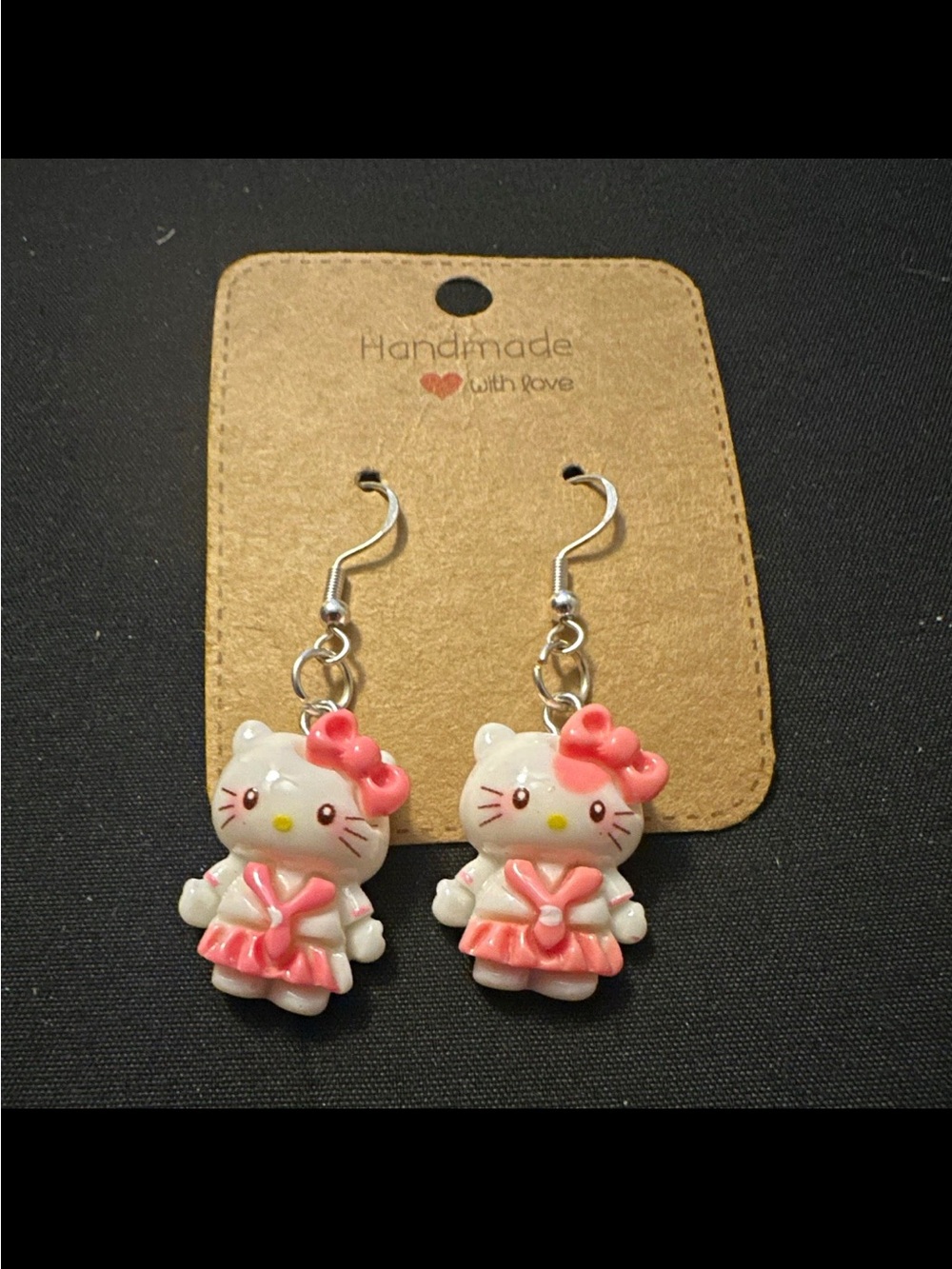 Handmade White & Pink Cat Dangle Earrings